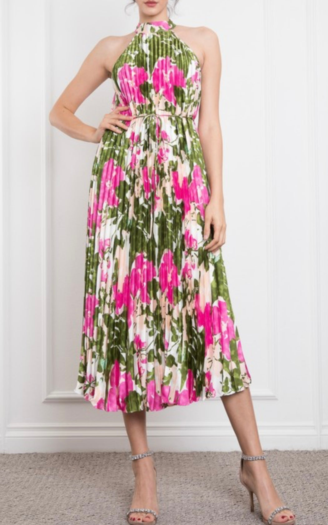 Paula Pleated Satin Midi Dress