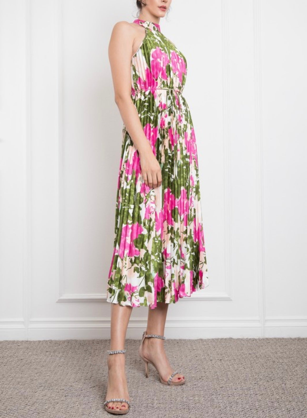 Paula Pleated Satin Midi Dress
